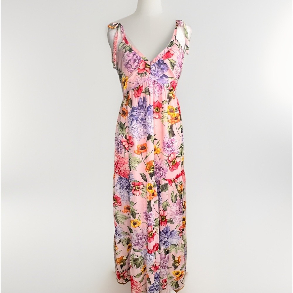 Express Floral Tiered Maxi Dress Pink Tie Strap Cottagecore Romantic Feminine S